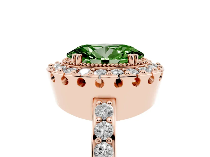 Oval Vintage Milgrain Halo Engagement Ring Setting for a Fancy Green Lab-Grown Diamond | Pierced Gallery | Rose Gold