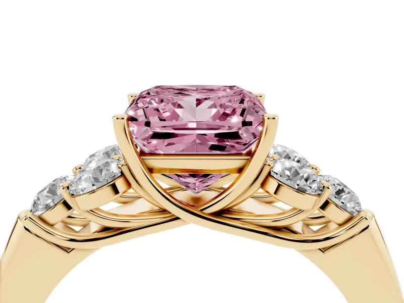 Princess Cut Side Stone Engagement Ring Setting for a Fancy Pink Lab-Grown Diamond | Yellow Gold