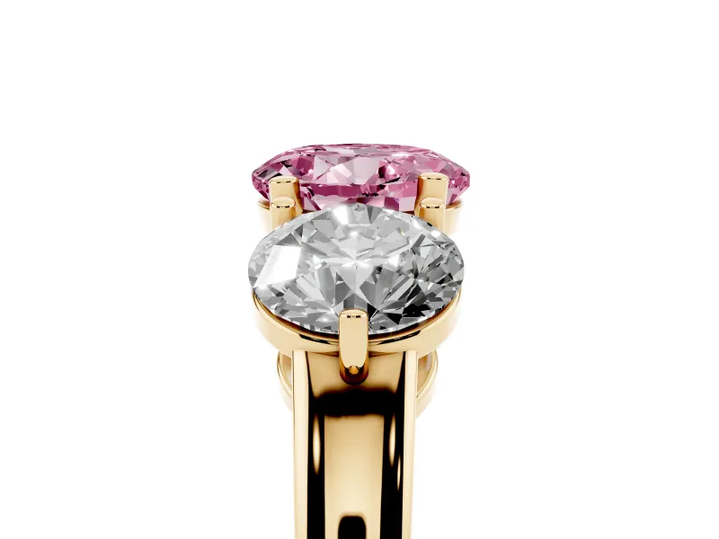 Round Three Stone Engagement Ring Setting for a Fancy Pink Lab-Grown Diamond | Large Round Side Stones | Yellow Gold