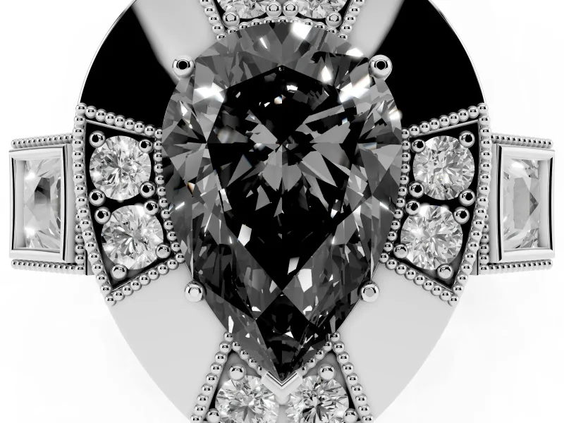 Fancy Black Pear Cut Diamond Milgrain Halo Ring Set in White gold with Split Shank
