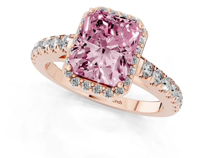 Fancy Pink Radiant Cut Diamond Halo Engagement Ring Set in Rose gold with Pavé Band and Prong Setting