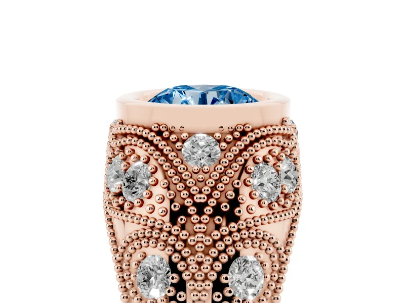Fancy Blue Round Cut Diamond Bezel Ring Set in Rose gold with Milgrain Accent Band