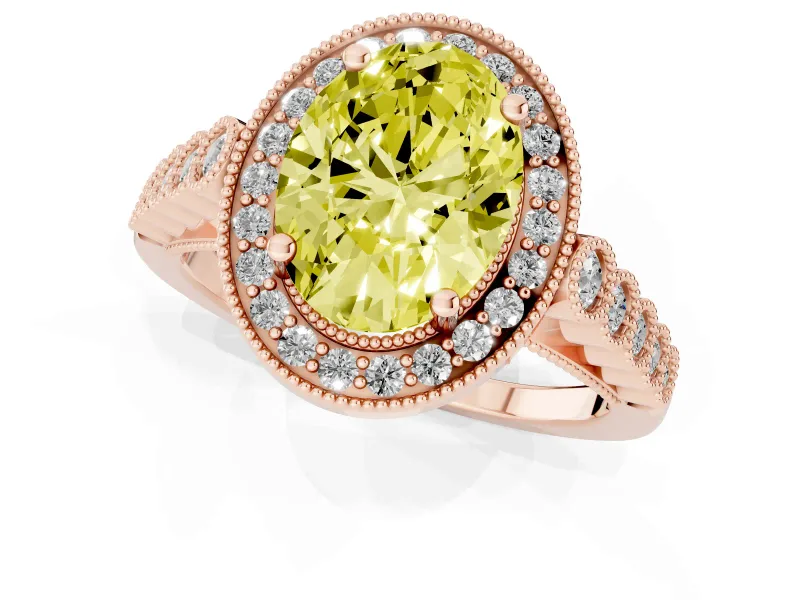 Fancy Yellow Oval Cut Diamond Milgrain Halo Solitaire Ring Set in Rose gold with Bezel Set Side Stones and Pavé Band