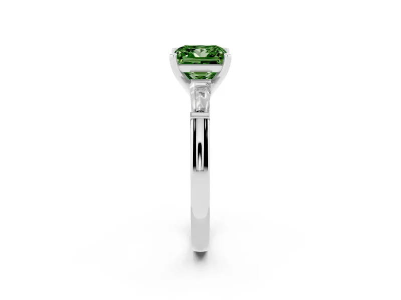 Fancy Green Princess Cut Diamond Solitaire Ring Set in Silver with Tapered Baguette Side Stones and Prong Setting