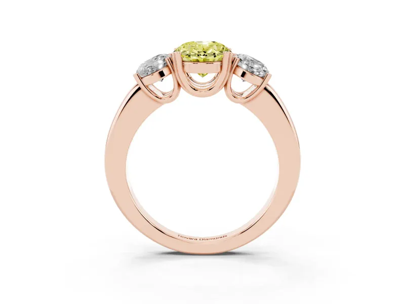 Fancy Yellow Oval Cut Diamond Three-Stone Ring Set in Rose gold with Polished Band and Prong Setting