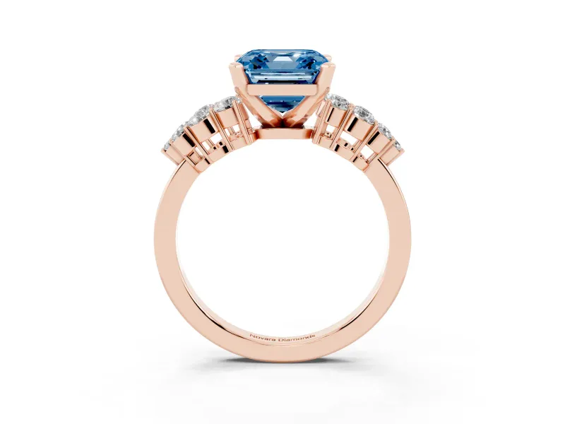 Fancy Blue Asscher Cut Diamond Cluster Engagement Ring Set in Rose gold with Pavé Band and Prong Setting