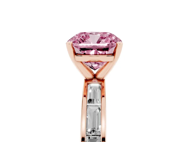 Fancy Pink Cushion Cut Diamond Solitaire Ring Set in Rose gold with Channel-Set Baguette Band and Prong Setting