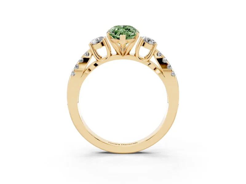 Fancy Green Marquise Cut Diamond Three-Stone Ring Set in Yellow gold with Pavé Split Shank and Prong Setting