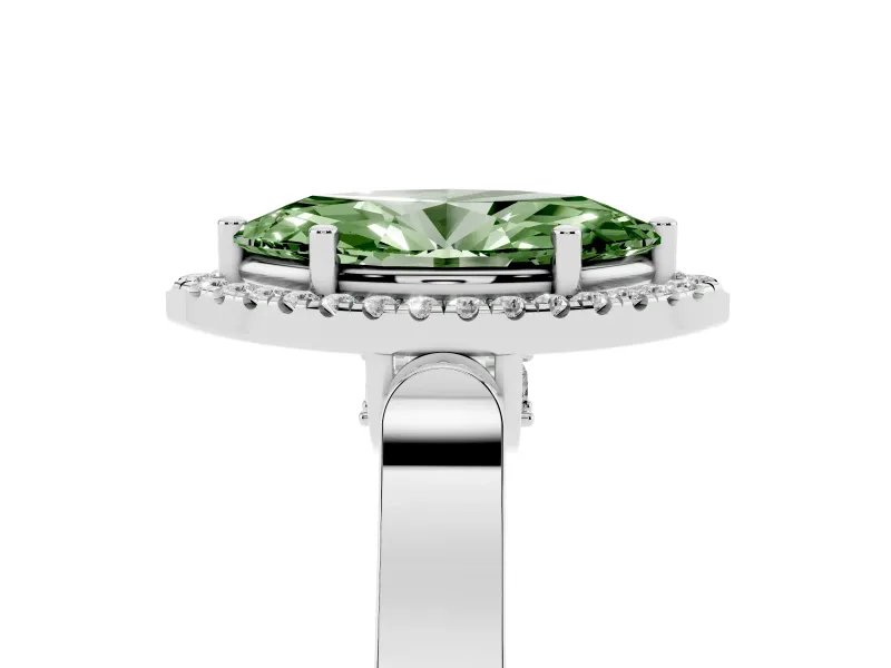 Fancy Green Marquise Cut Diamond Halo Ring Set in White gold with Pavé-Lined Split Shank Band