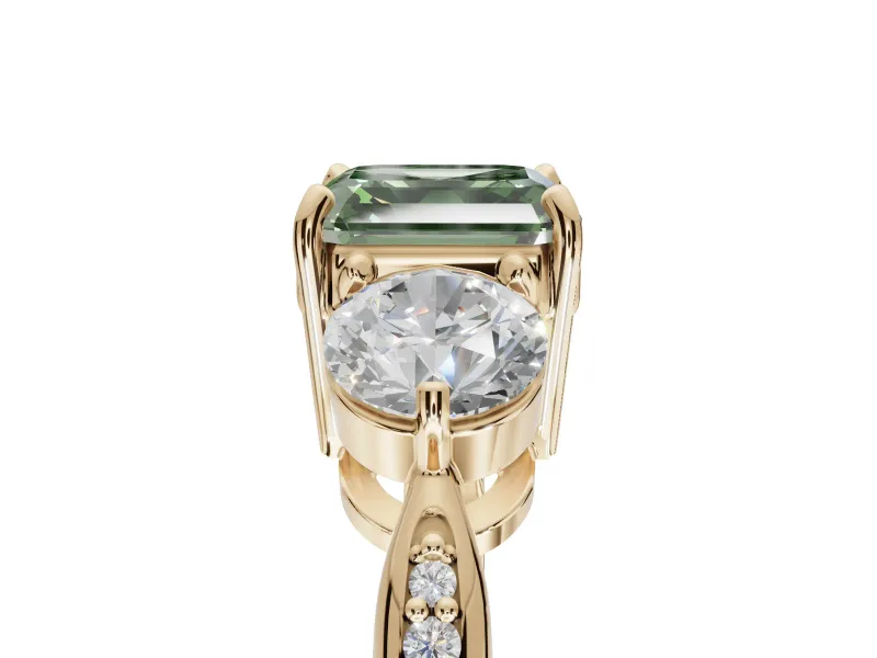 Asscher Cut Three Stone Engagement Ring Setting for a Fancy Green Lab-Grown Diamond | Tapered Pave Band | Yellow Gold