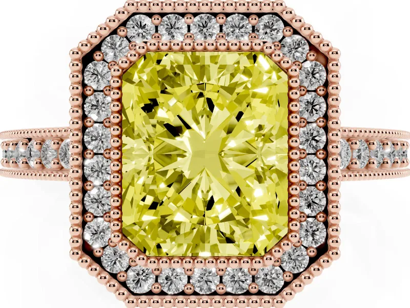 Fancy Yellow Radiant Cut Diamond Halo Engagement Ring Set in Rose gold with Pavé Band and Round Halo Stones