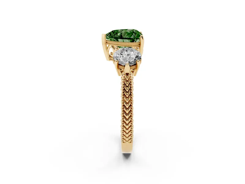 Heart-Shaped Vintage Three Stone Engagement Ring Setting for a Fancy Green Lab-Grown Diamond | Yellow Gold - Design NV-24868