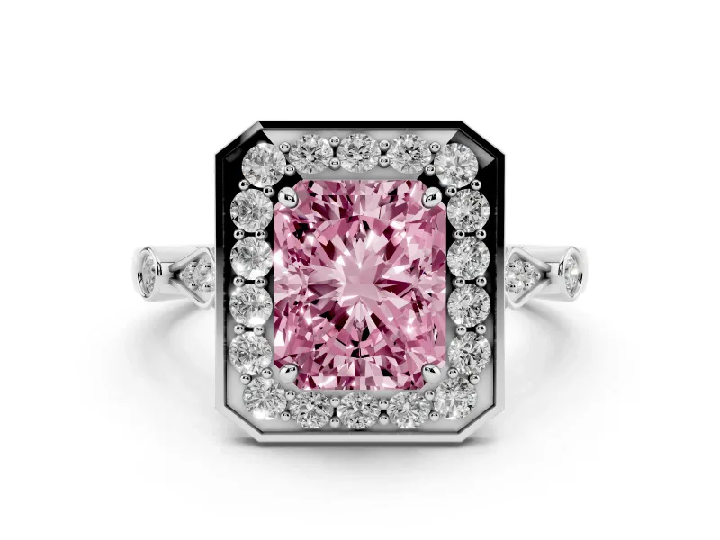 Fancy Pink Radiant Cut Diamond Halo Engagement Ring Set in Platinum with Twisted Band and Prong Setting