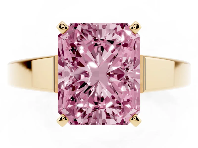 Fancy Pink Radiant Cut Diamond Solitaire Engagement Ring Set in Yellow gold with Prong Setting and Tapered Band