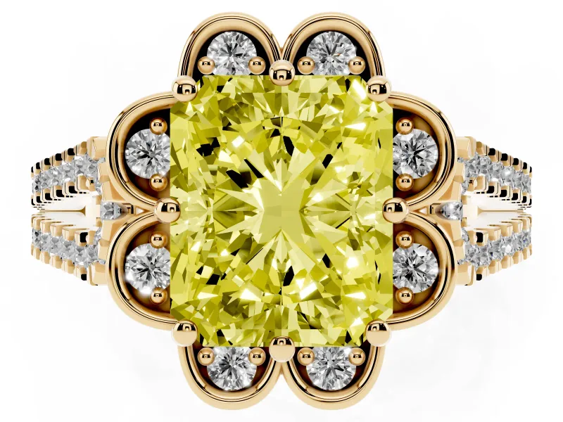 Radiant Cut Floral Halo Engagement Ring Setting for a Fancy Yellow Lab-Grown Diamond | Pavé Split Shank | Yellow Gold