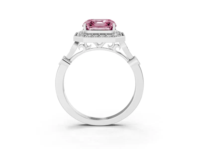 Asscher Cut Halo Engagement Ring Setting for a Fancy Pink Lab-Grown Diamond | Bezel Station Shoulders | White Gold