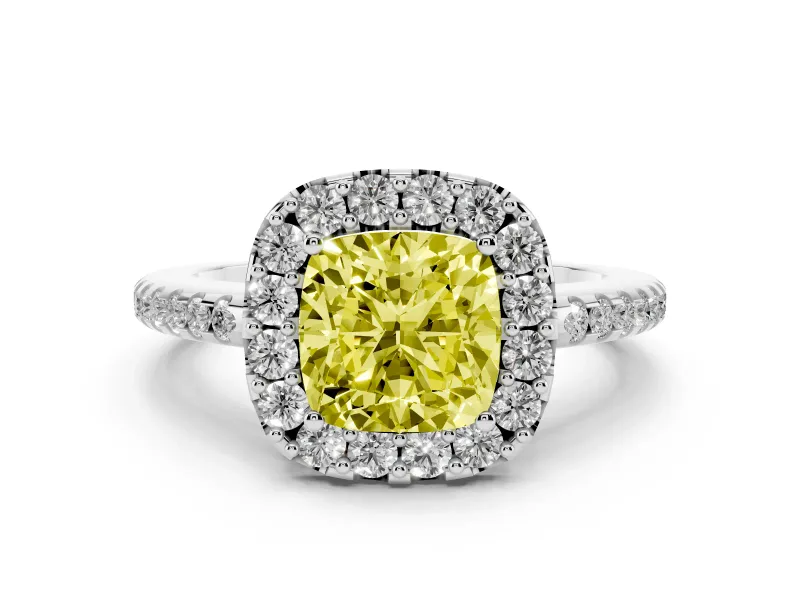 Fancy Yellow Cushion Cut Diamond Pavé Halo Ring Set in Platinum with Prong Setting