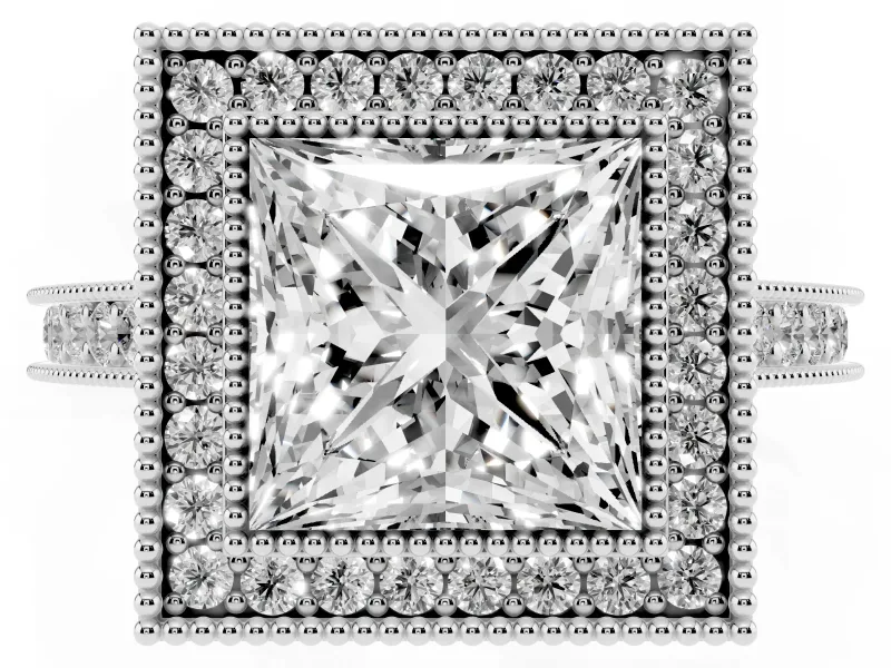 Princess Cut Vintage Milgrain Halo Engagement Ring Setting | Bezel Head | Sterling Silver