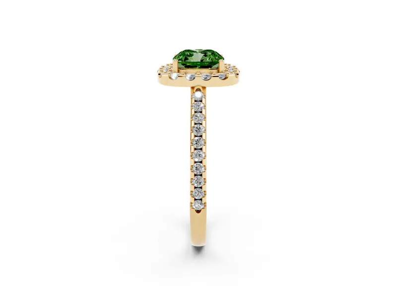 Cushion Cut Pave Halo Engagement Ring Setting for a Fancy Green Lab-Grown Diamond | Pave Band | Yellow Gold