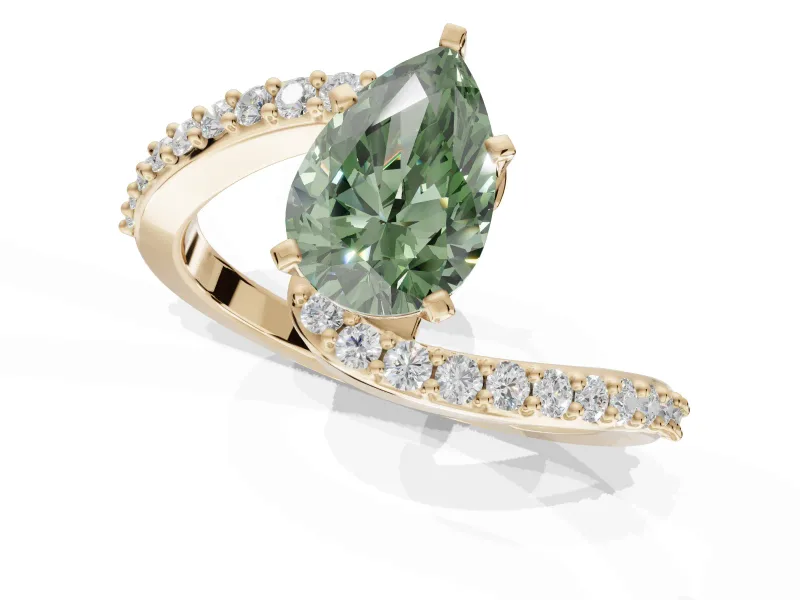 Pear-Shaped Bypass Pavé Engagement Ring Setting for a Fancy Green Lab-Grown Diamond | Yellow Gold