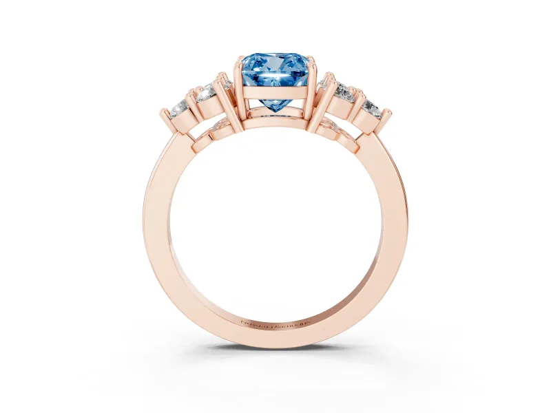 Fancy Blue Cushion Cut Diamond Solitaire Ring Set in Rose gold with Cluster Accents on Each Side