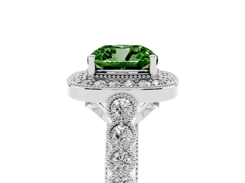 Cushion Cut Graduated Milgrain Halo Engagement Ring Setting for a Fancy Green Lab-Grown Diamond | Platinum