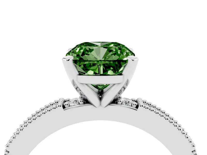 Fancy Green Cushion Cut Diamond Solitaire Ring Set in Platinum with Slim Pavé Band and Prong Setting