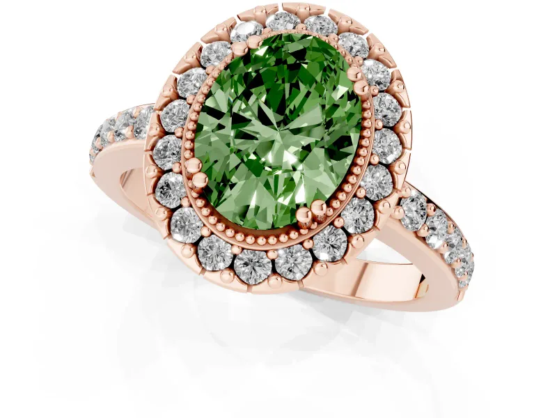 Fancy Green Oval Cut Diamond Halo Ring Set in Rose gold with Pavé Shank and Prong Setting