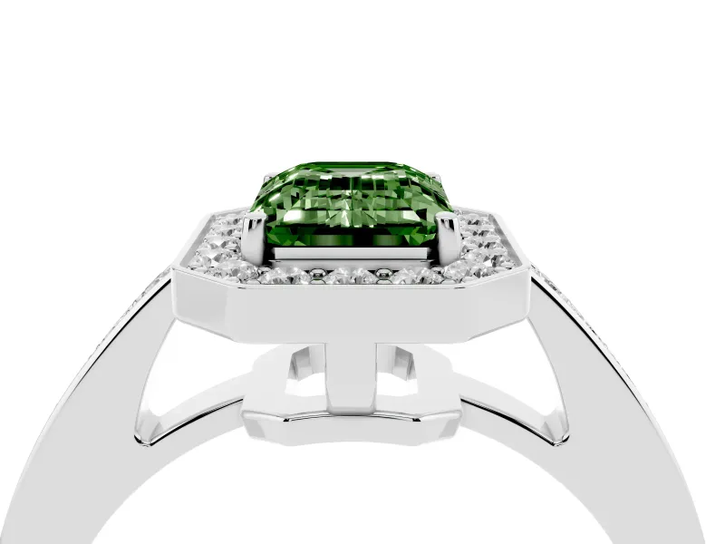 Fancy Green Emerald Cut Diamond Halo Pavé Engagement Ring Set in Platinum with Bezel Setting