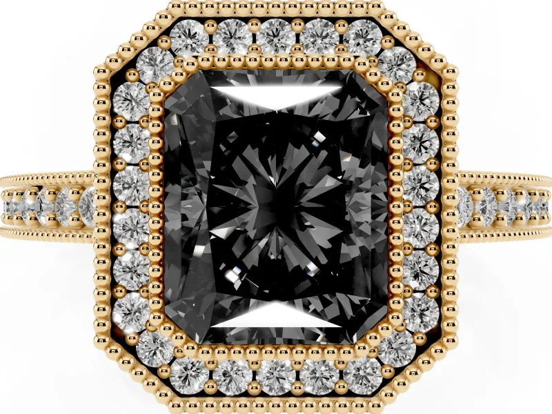 Fancy Black Radiant Cut Diamond Halo Engagement Ring Set in Yellow gold with Pavé Band and Round Halo Stones
