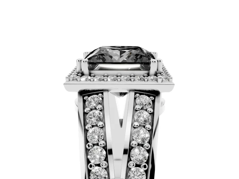 Princess Cut Halo Engagement Ring Setting for a Black Center | Two-Row Pavé Split Shank | White Gold