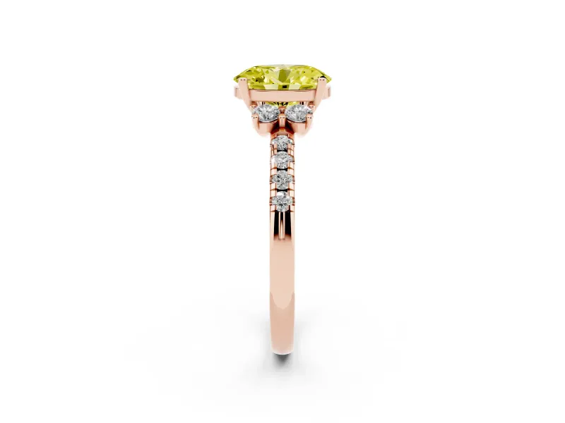 Oval Side Stone Engagement Ring Setting for a Fancy Yellow Lab-Grown Diamond | Pave Band | Rose Gold