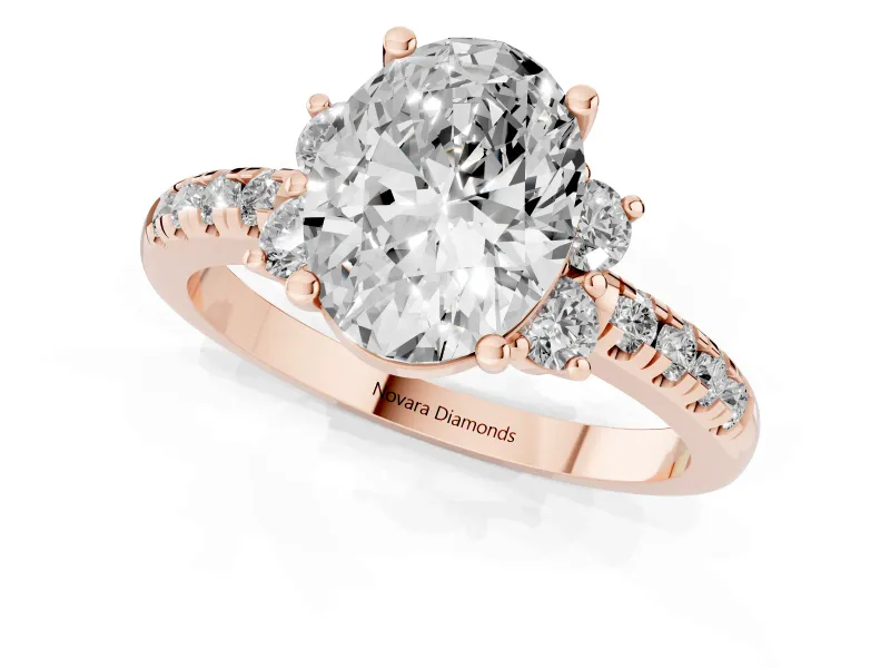 Oval Side Stone Pave Engagement Ring Setting | Paired Round Accents | Rose Gold