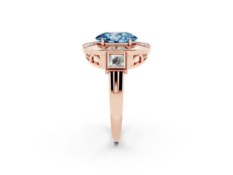 Fancy Blue Oval Cut Diamond Milgrain Halo Ring Set in Rose gold with Split Shank