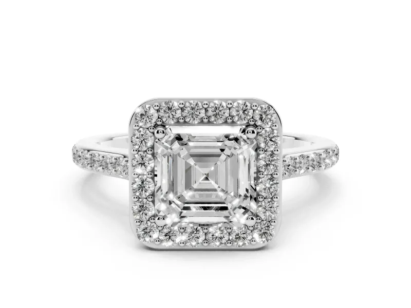 Asscher Cut Diamond Halo Engagement Ring Set in Platinum with Round Pavé Shoulders and Heart Gallery