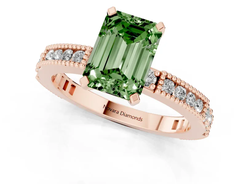 Fancy Green Emerald Cut Diamond Solitaire Ring Set in Rose gold with Slim Pavé Band and Prong Setting