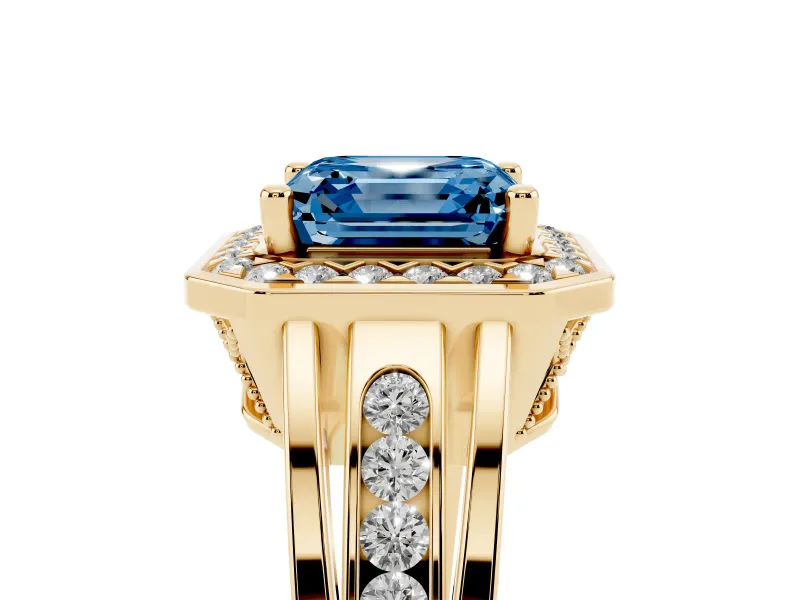 Asscher Cut Halo Engagement Ring Setting for a Fancy Blue Lab-Grown Diamond | Channel-Set Split Shank | Yellow Gold