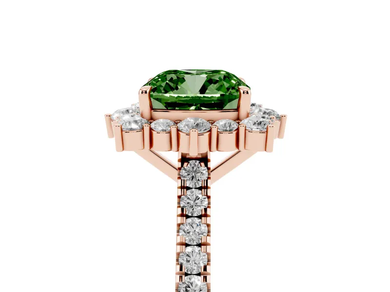 Cushion Cut Scalloped Halo Engagement Ring Setting for a Fancy Green Lab-Grown Diamond | Single Row Pave | Rose Gold