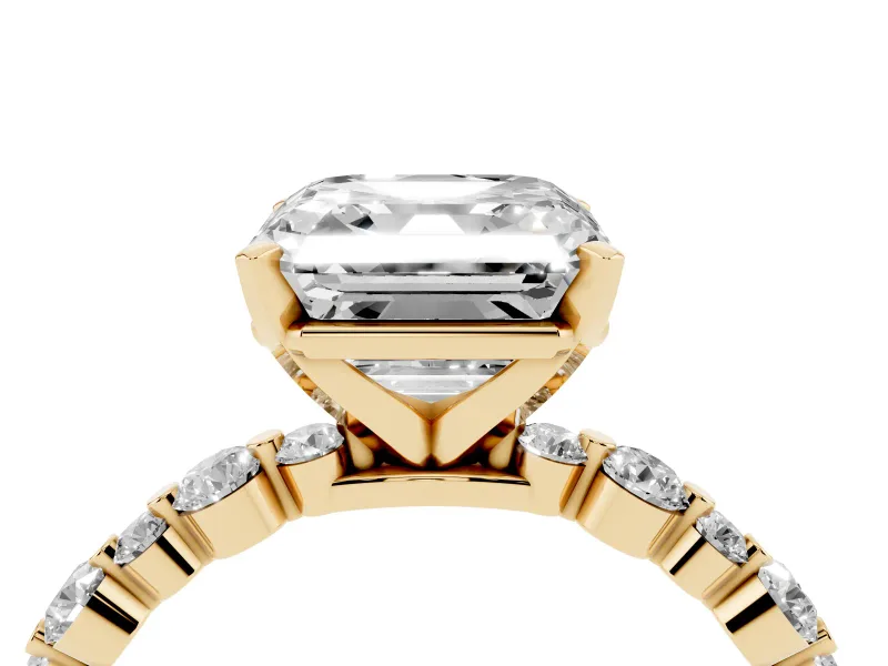 Asscher Cut Diamond Prong Set Engagement Ring Set in Yellow gold with Round Accent Pavé Band