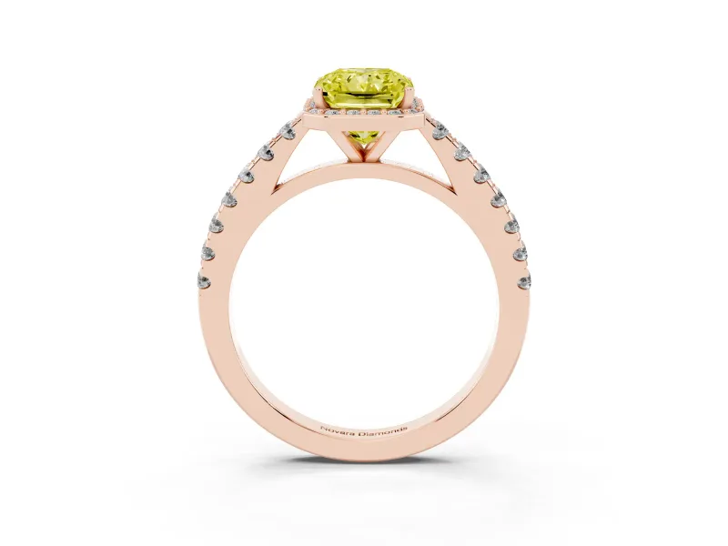 Fancy Yellow Radiant Cut Diamond Halo Engagement Ring Set in Rose gold with Pavé Band and Prong Setting