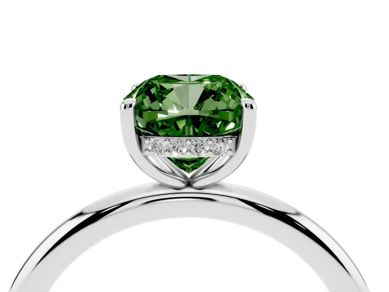 Fancy Green Cushion Cut Diamond Solitaire Ring Set in White gold with Thin Band and Prong Setting