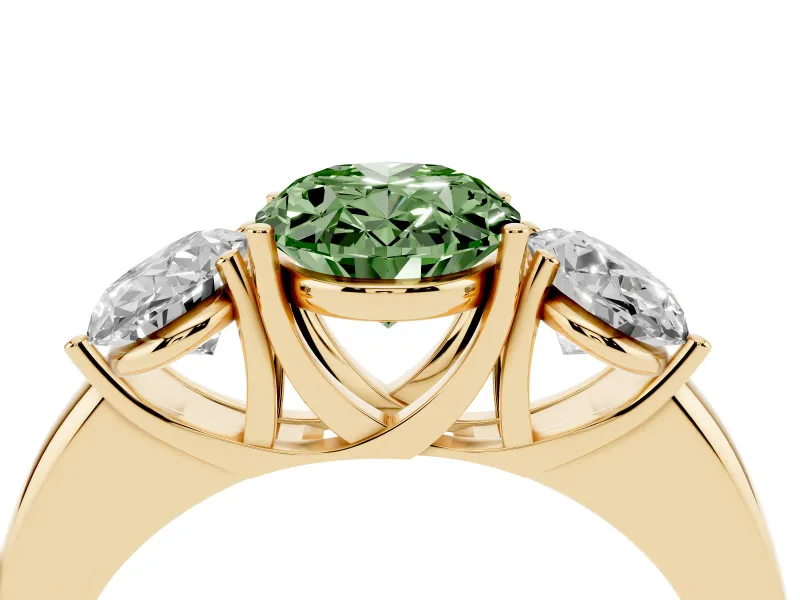 Fancy Green Oval Cut Diamond Three-Stone Ring Set in Yellow gold with Bold Center and Classic Band