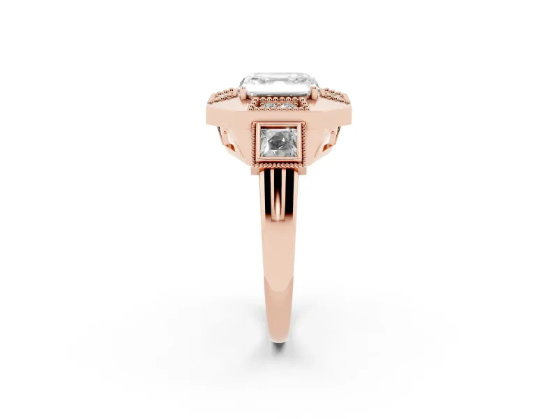 Asscher Cut Milgrain Sectioned Halo Engagement Ring Setting | Square-Framed Sides | Rose Gold