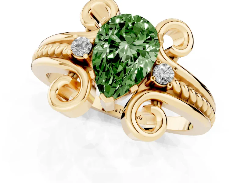 Fancy Green Pear Cut Diamond Twisted Band Solitaire Ring Set in Yellow gold with Scroll Prongs