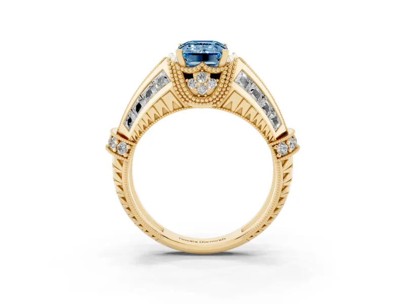 Fancy Blue Emerald Cut Diamond Vintage-Inspired Milgrain Ring Set in Yellow gold with Accent Split Shank