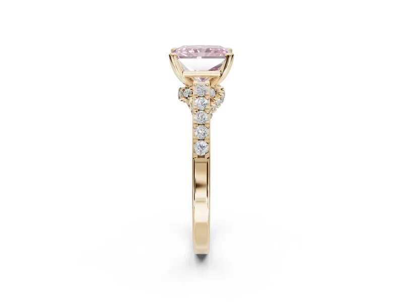Radiant Cut Pavé Solitaire Engagement Ring Setting for a Fancy Pink Lab-Grown Diamond | Crossover Gallery | Yellow Gold
