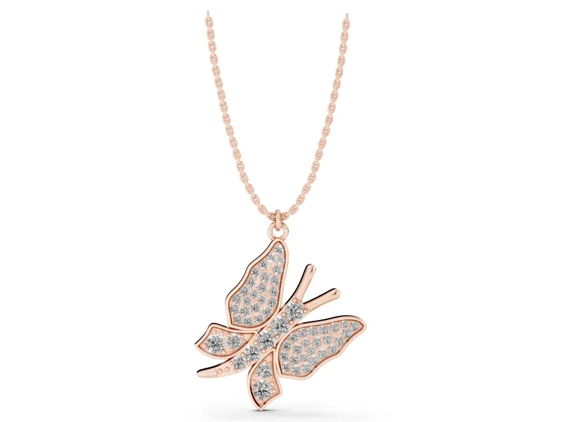 Round Lab-Grown Diamond Pavé Butterfly Pendant Necklace | Stone-Set Body | Rose Gold