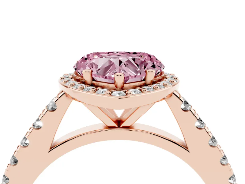Fancy Pink Heart Cut Diamond Halo Engagement Ring Set in Rose gold with Pavé Band and Prong Setting