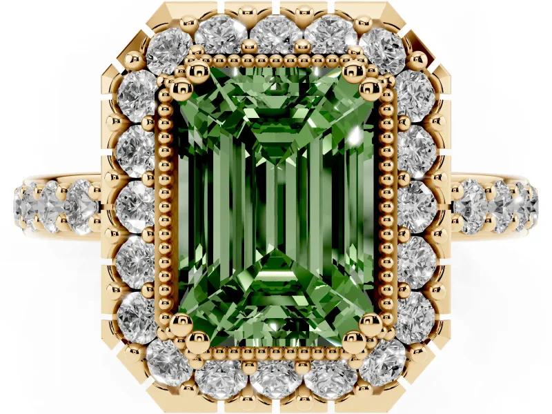 Emerald Cut Milgrain Halo Engagement Ring Setting for a Fancy Green Lab-Grown Diamond | Pavé Shoulders | Yellow Gold