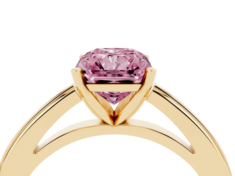 Fancy Pink Radiant Cut Diamond Solitaire Ring Set in Yellow gold with Prong Setting and Classic Band